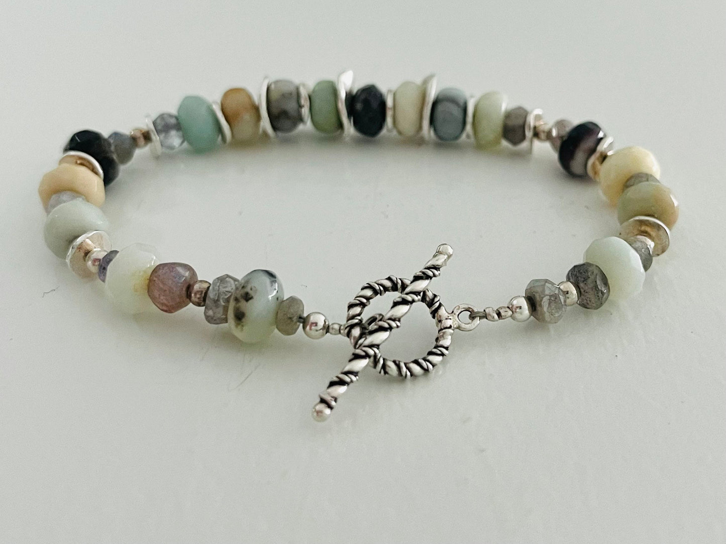 Amazonite, Labradorite and Silver toggle clasp bracelet