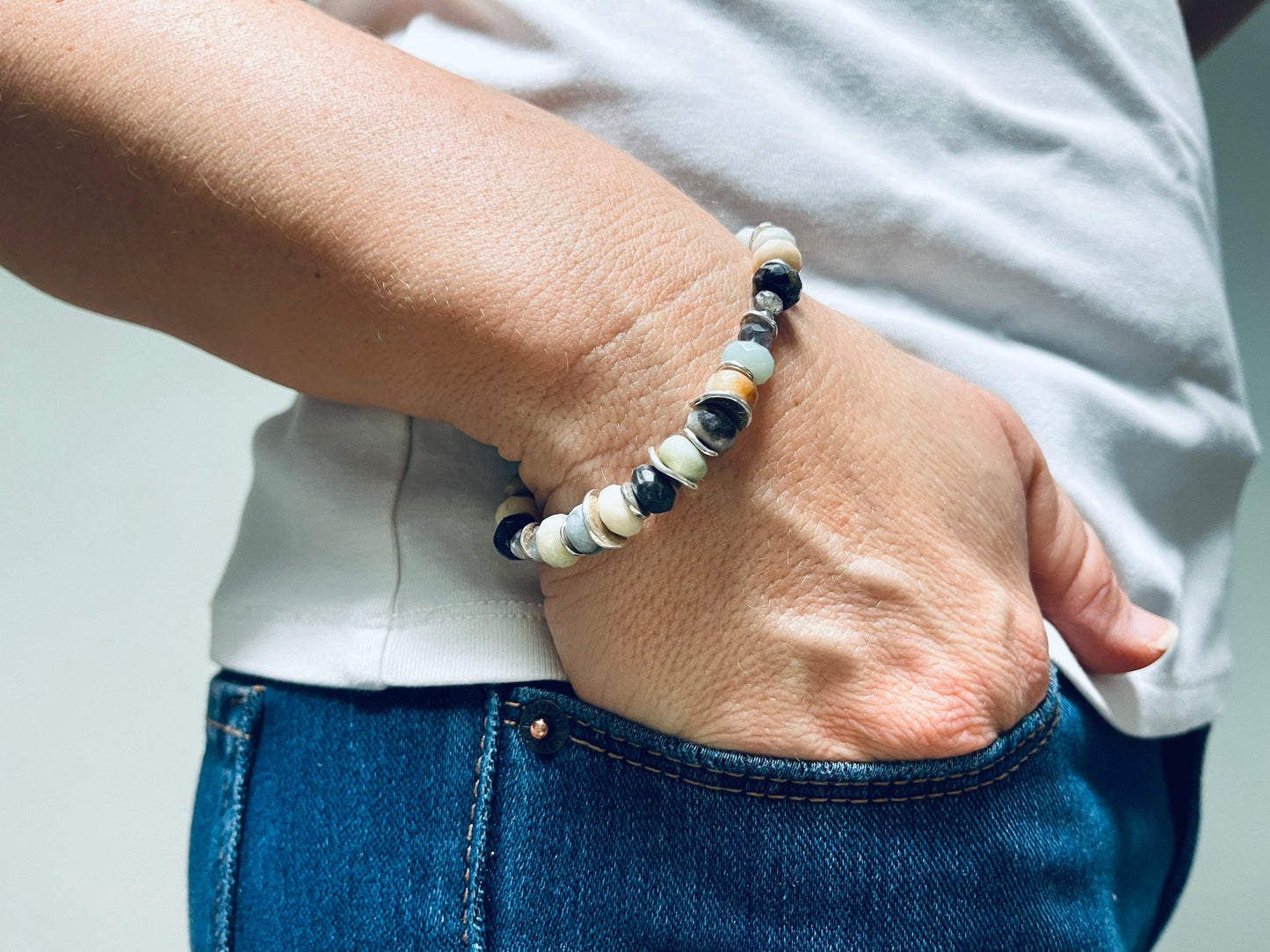 Amazonite, Labradorite and Silver toggle clasp bracelet